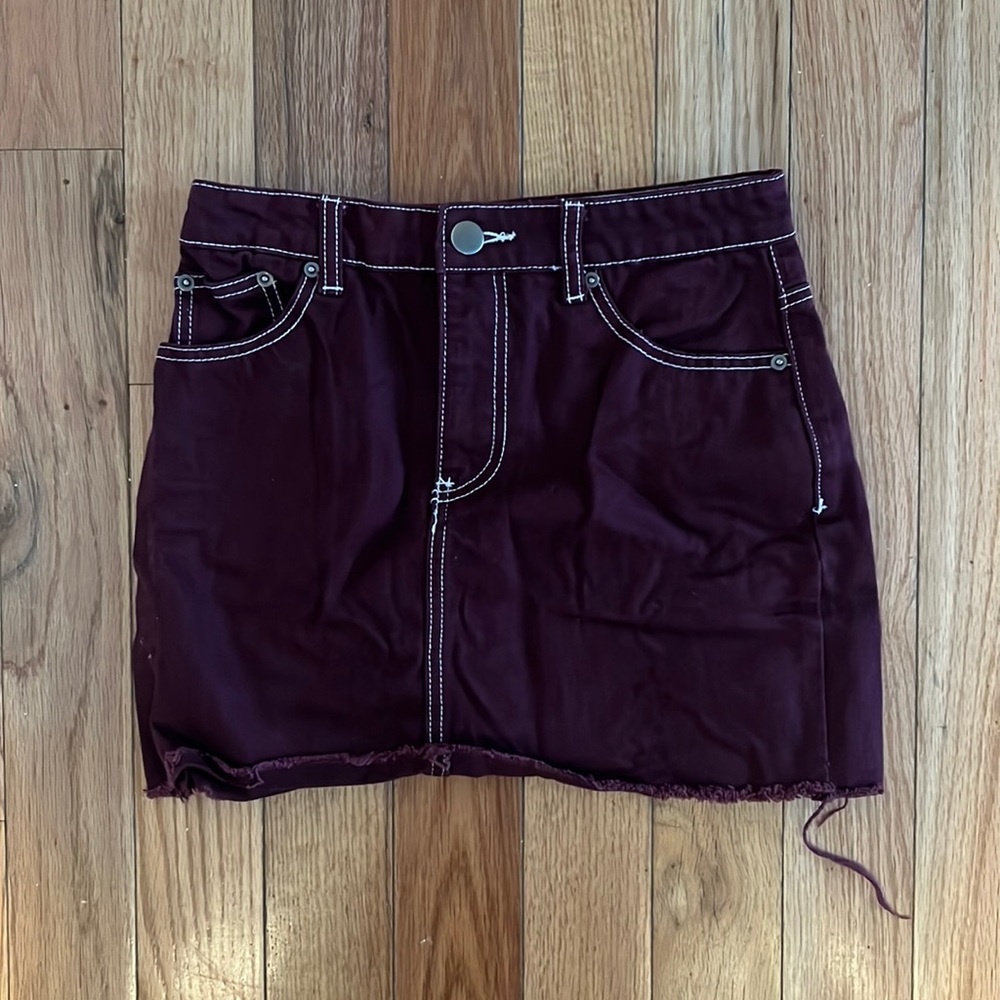 Maroon Distressed Denim Skirt